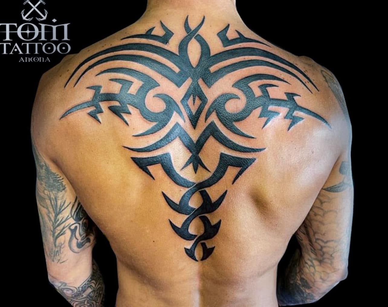 Tatuaggio tribale sulla schiena realizzato nello studio Tom Tattoo di Ancona